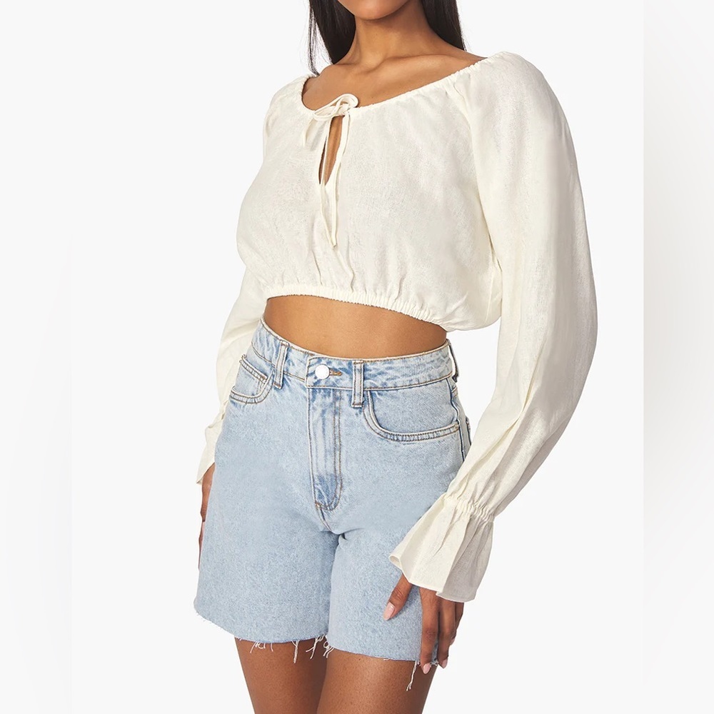 NWT WeWoreWhat On/Off Shoulder Tie Front Linen Blend Top - Picture 3 of 6
